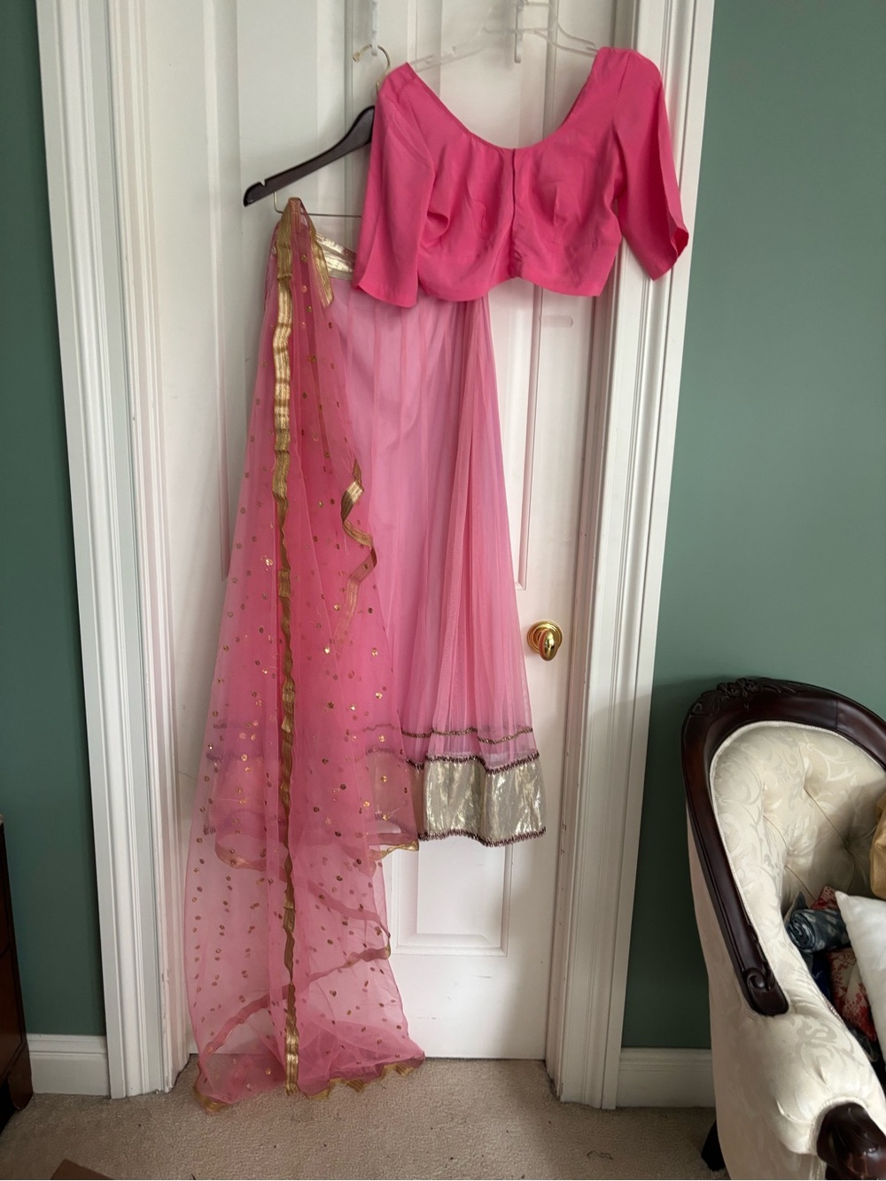 Pink with gold border Indian 3 piece Lehenga, Choli Dupetta  mecium size